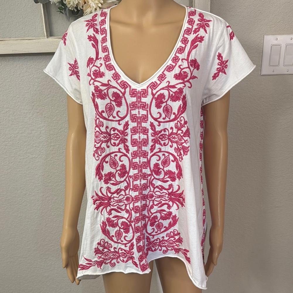 Johnny Was White and Pink Embellished Tunic with Boxy Fit
